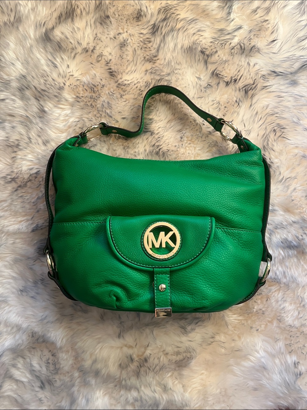 Michael Kors Emerald Green Pebbled Leather Hobo with Gold MK Emblem